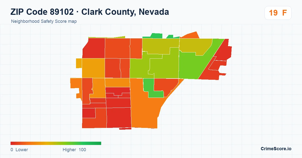ZIP Code 89102 in Clark County, Nevada neighborhood Safety Score map