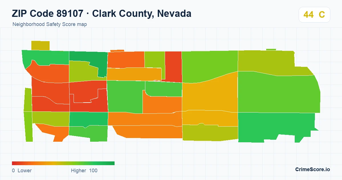 ZIP Code 89107 in Clark County, Nevada neighborhood Safety Score map