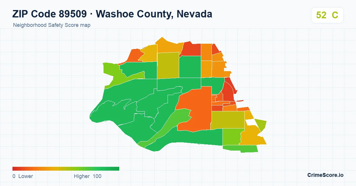 ZIP Code 89509 in Washoe County, Nevada neighborhood Safety Score map