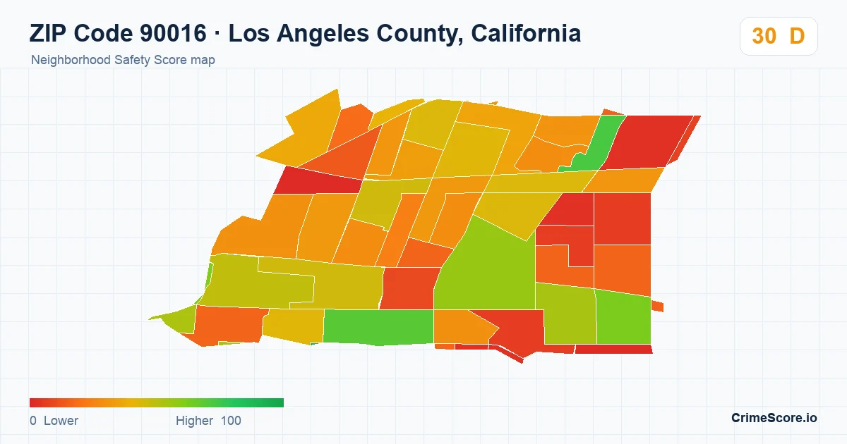 ZIP Code 90016 in Los Angeles County, California neighborhood Safety Score map