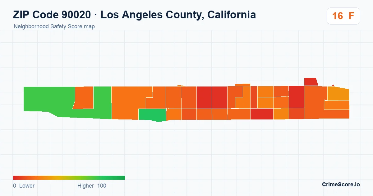 ZIP Code 90020 in Los Angeles County, California neighborhood Safety Score map