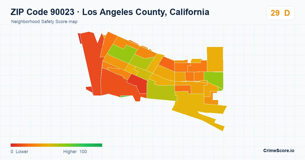 ZIP Code 90023 in Los Angeles County, California neighborhood Safety Score map