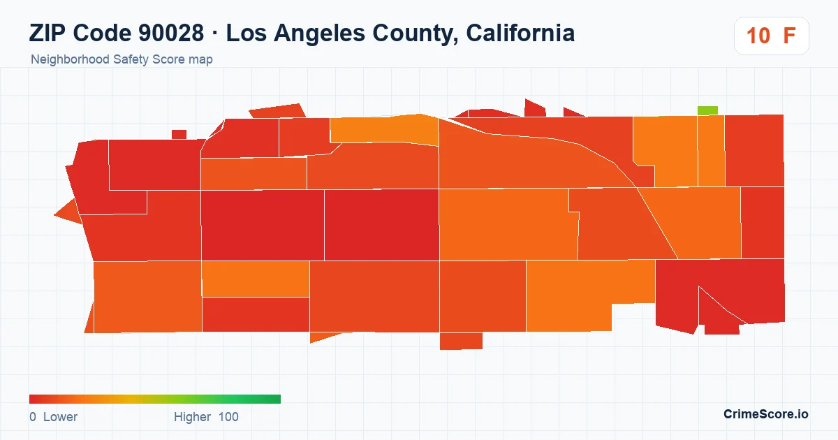 ZIP Code 90028 in Los Angeles County, California neighborhood Safety Score map