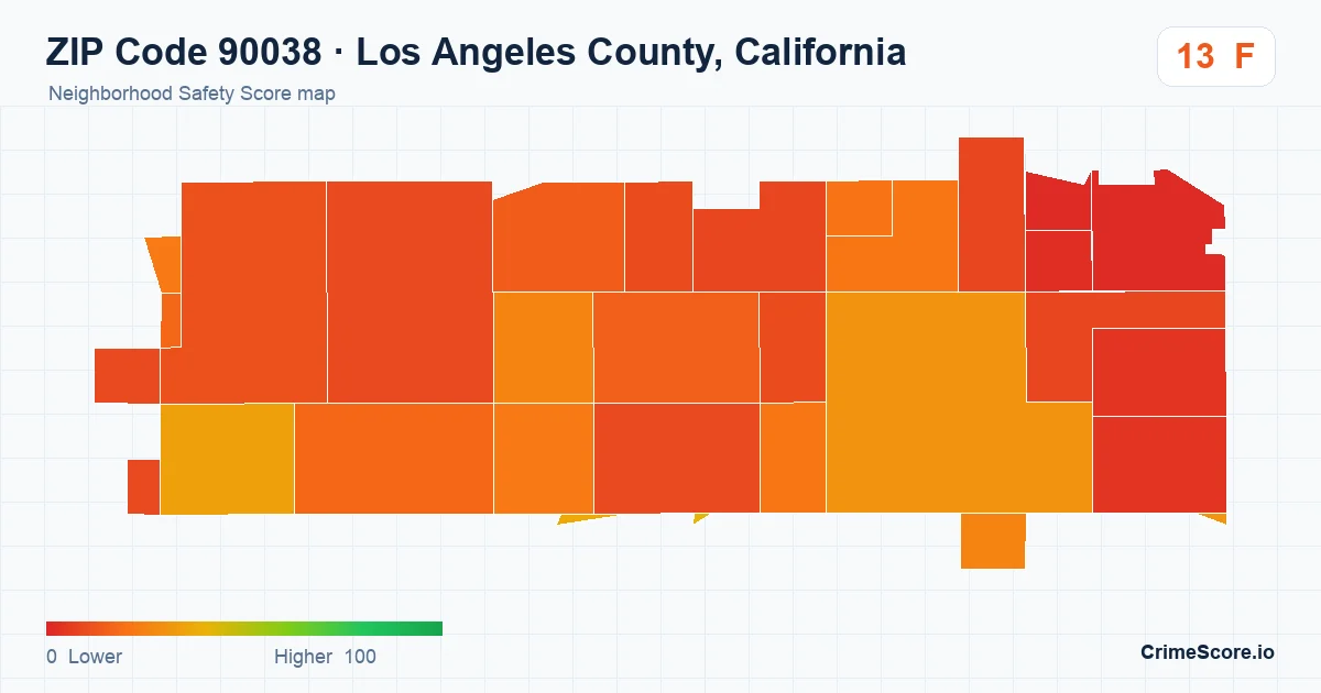 ZIP Code 90038 in Los Angeles County, California neighborhood Safety Score map