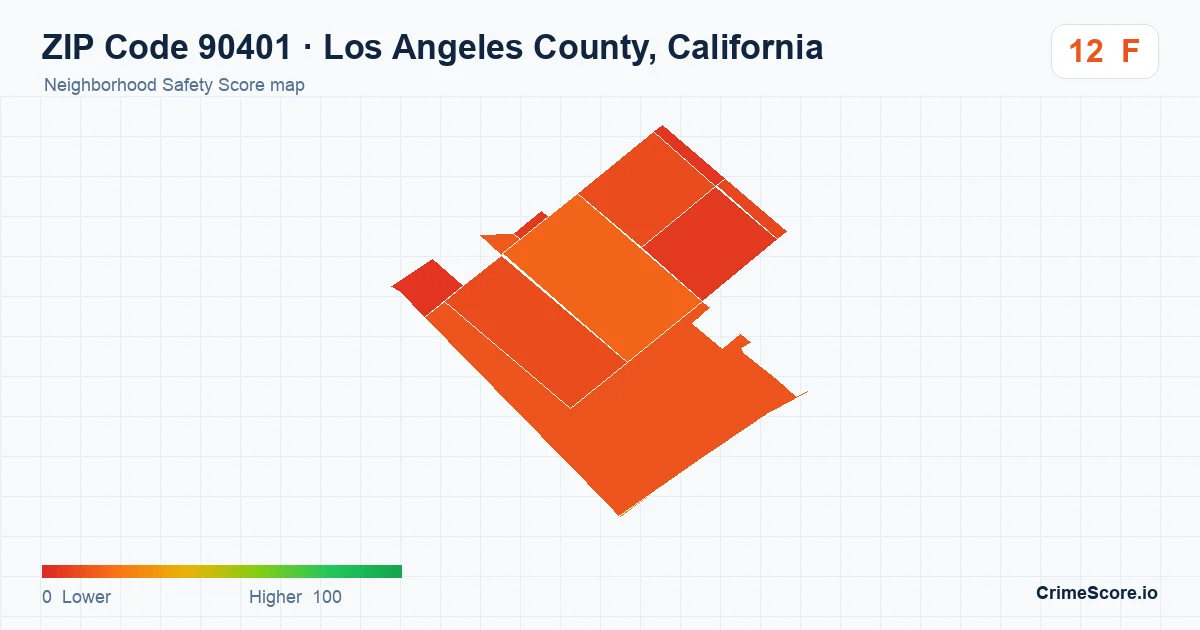 ZIP Code 90401 in Los Angeles County, California neighborhood Safety Score map