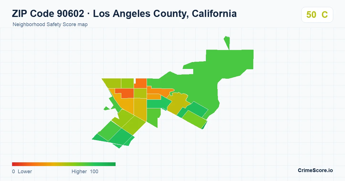 ZIP Code 90602 in Los Angeles County, California neighborhood Safety Score map