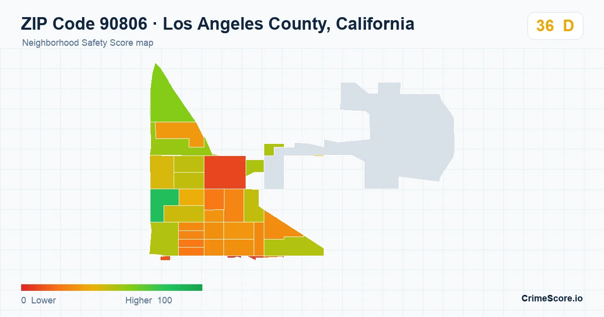 ZIP Code 90806 in Los Angeles County, California neighborhood Safety Score map