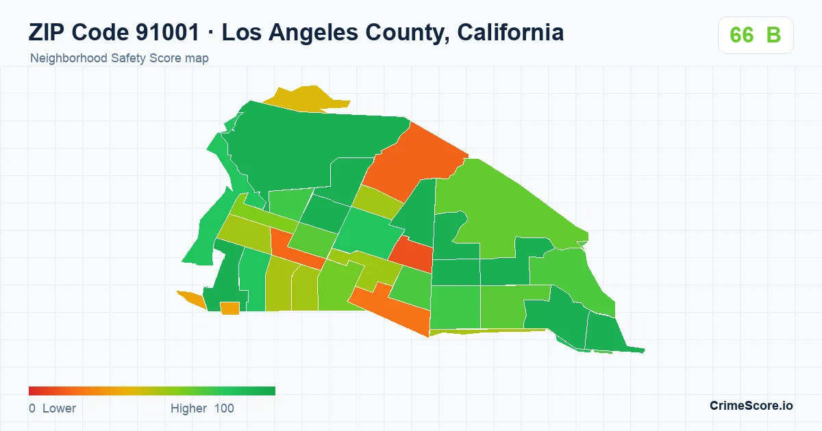 ZIP Code 91001 in Los Angeles County, California neighborhood Safety Score map