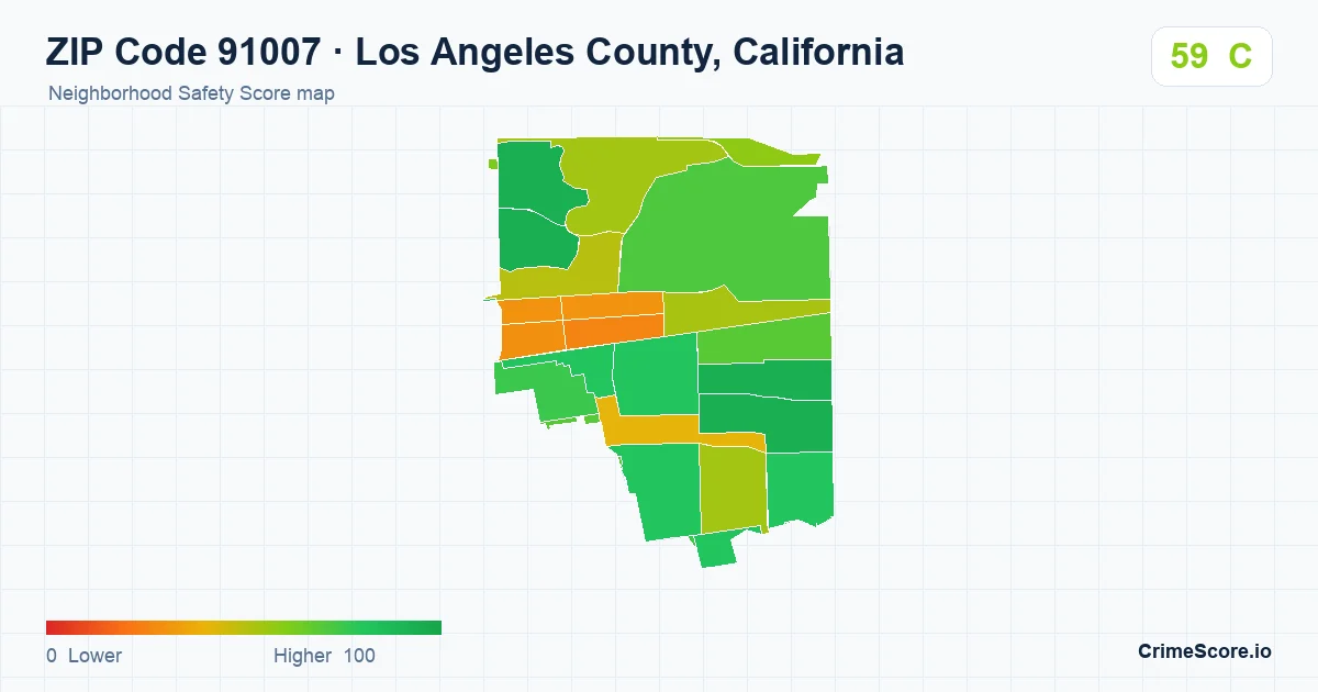 ZIP Code 91007 in Los Angeles County, California neighborhood Safety Score map