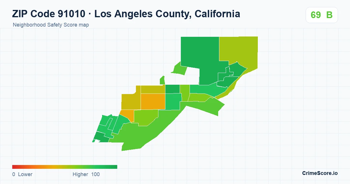 ZIP Code 91010 in Los Angeles County, California neighborhood Safety Score map