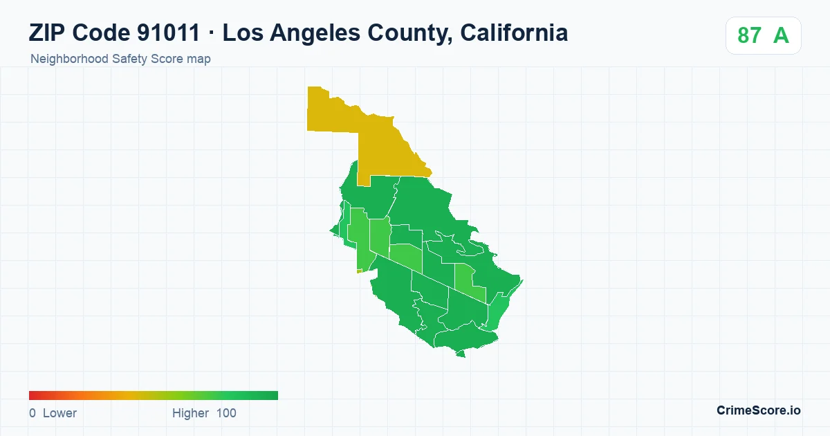 ZIP Code 91011 in Los Angeles County, California neighborhood Safety Score map