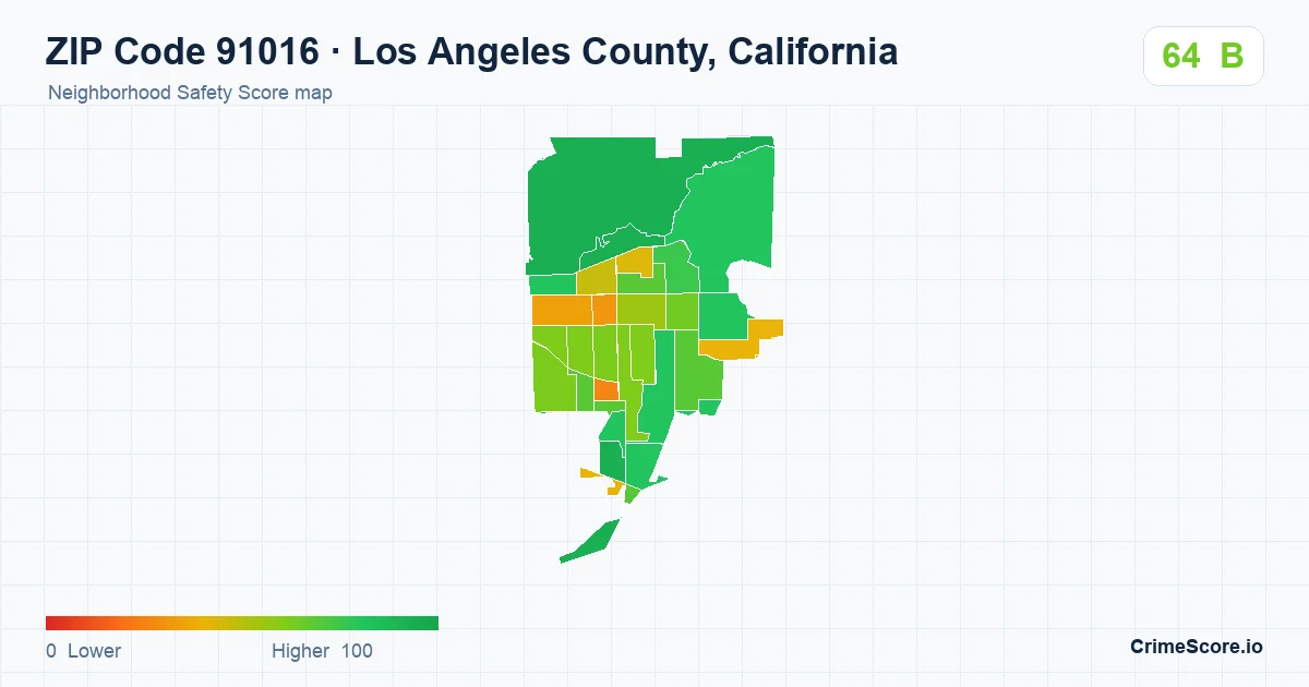ZIP Code 91016 in Los Angeles County, California neighborhood Safety Score map