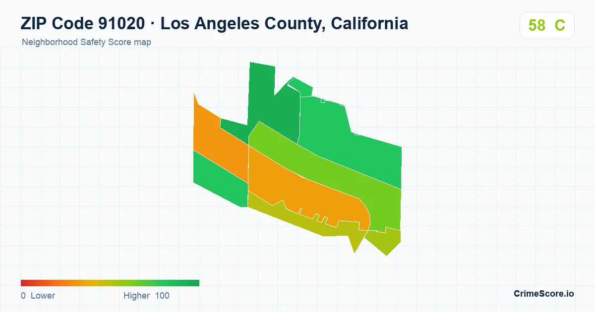 ZIP Code 91020 in Los Angeles County, California neighborhood Safety Score map