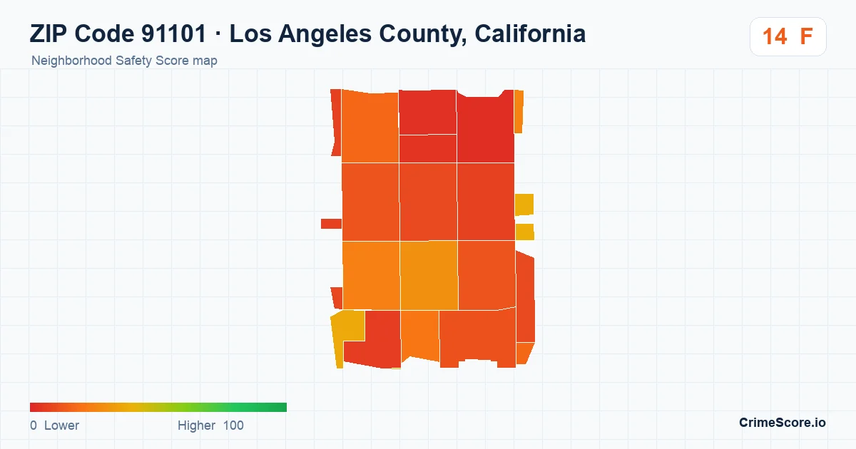 ZIP Code 91101 in Los Angeles County, California neighborhood Safety Score map
