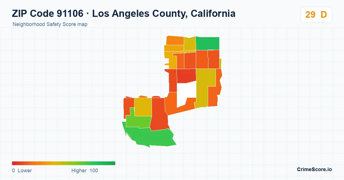 ZIP Code 91106 in Los Angeles County, California neighborhood Safety Score map