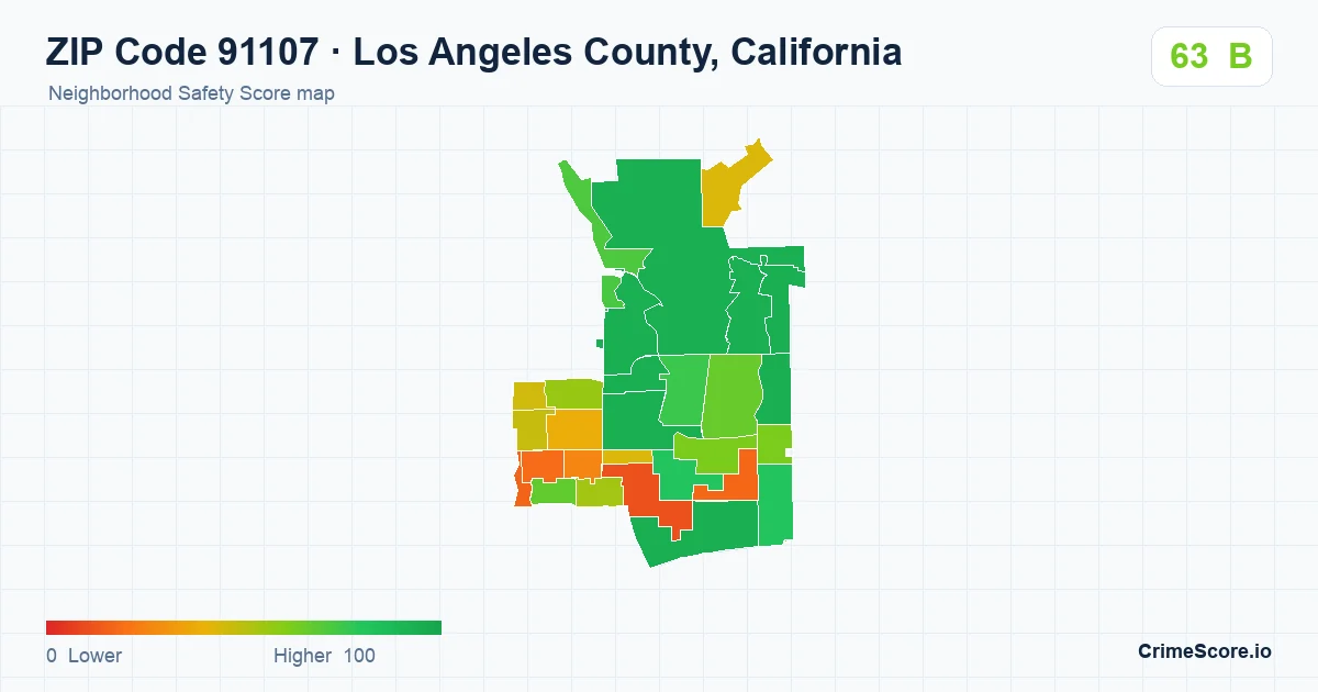 ZIP Code 91107 in Los Angeles County, California neighborhood Safety Score map
