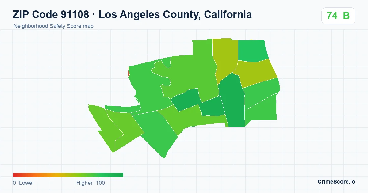 ZIP Code 91108 in Los Angeles County, California neighborhood Safety Score map