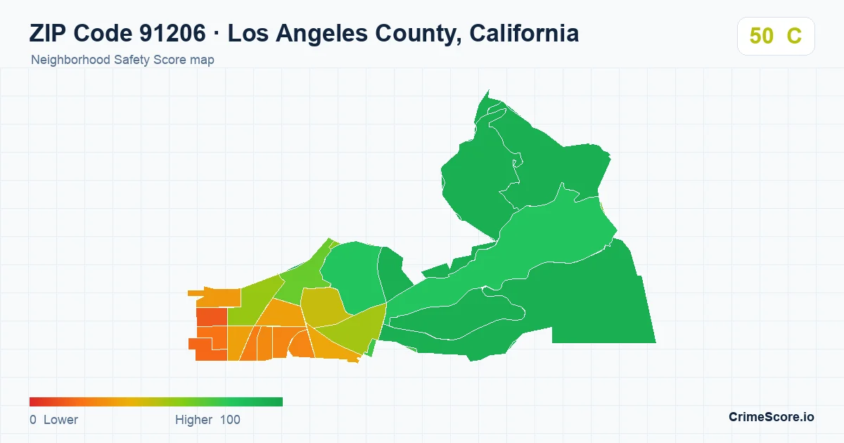ZIP Code 91206 in Los Angeles County, California neighborhood Safety Score map
