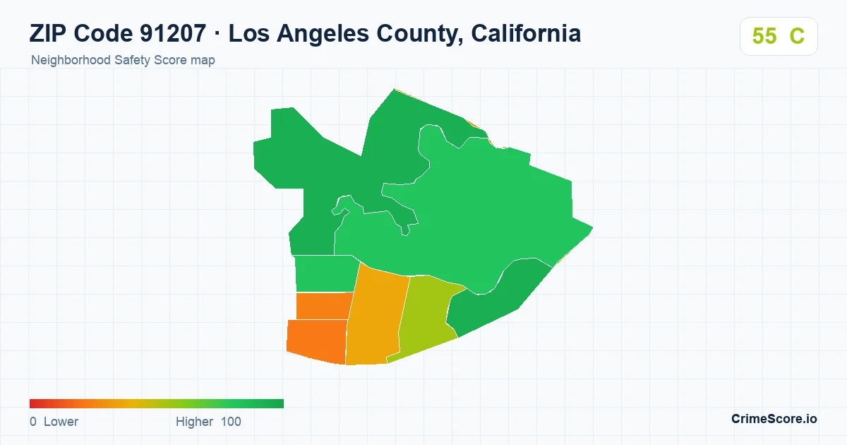 ZIP Code 91207 in Los Angeles County, California neighborhood Safety Score map