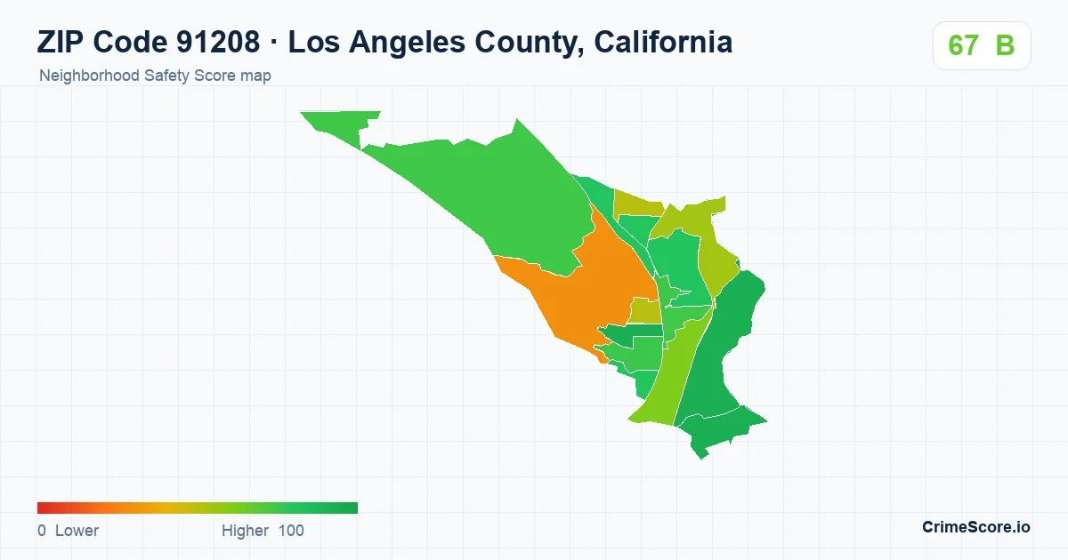ZIP Code 91208 in Los Angeles County, California neighborhood Safety Score map