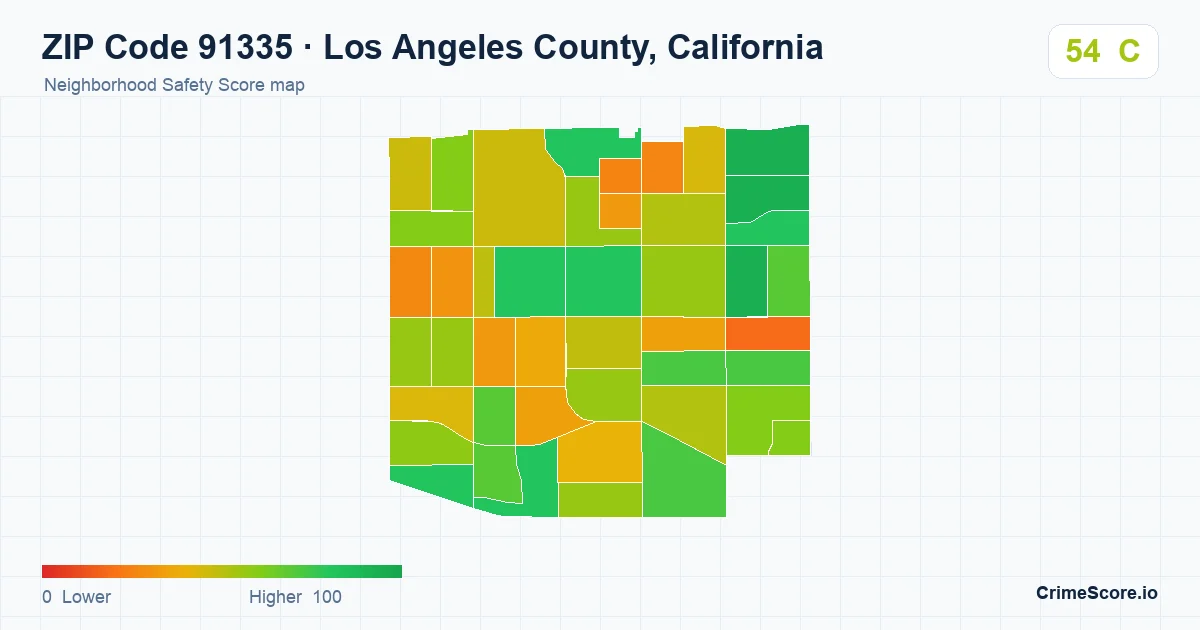 ZIP Code 91335 in Los Angeles County, California neighborhood Safety Score map