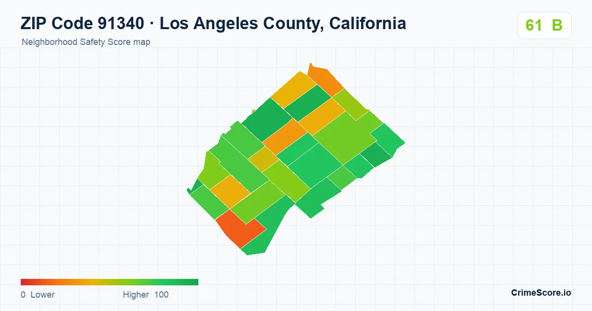 ZIP Code 91340 in Los Angeles County, California neighborhood Safety Score map