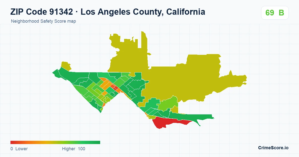 ZIP Code 91342 in Los Angeles County, California neighborhood Safety Score map