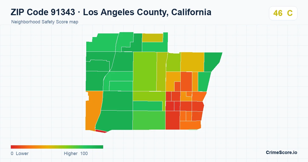 ZIP Code 91343 in Los Angeles County, California neighborhood Safety Score map