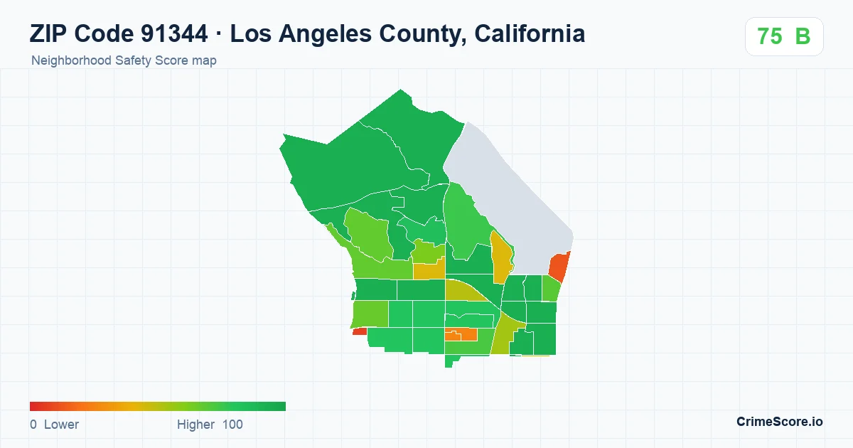 ZIP Code 91344 in Los Angeles County, California neighborhood Safety Score map