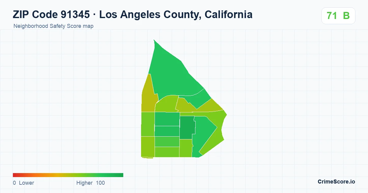 ZIP Code 91345 in Los Angeles County, California neighborhood Safety Score map