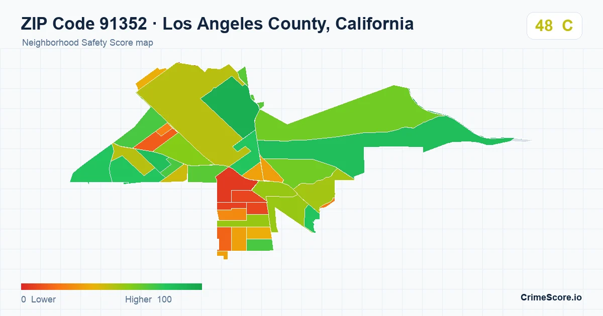 ZIP Code 91352 in Los Angeles County, California neighborhood Safety Score map