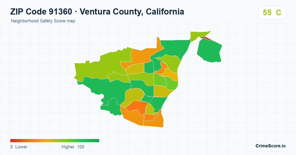 ZIP Code 91360 in Ventura County, California neighborhood Safety Score map