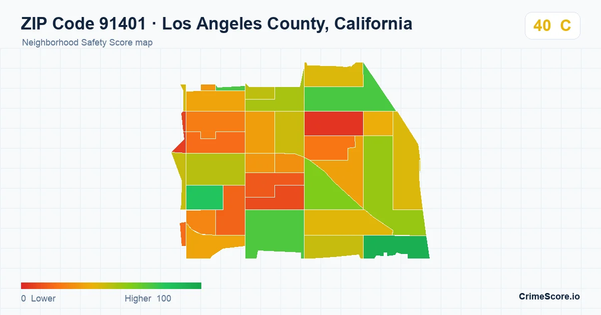 ZIP Code 91401 in Los Angeles County, California neighborhood Safety Score map