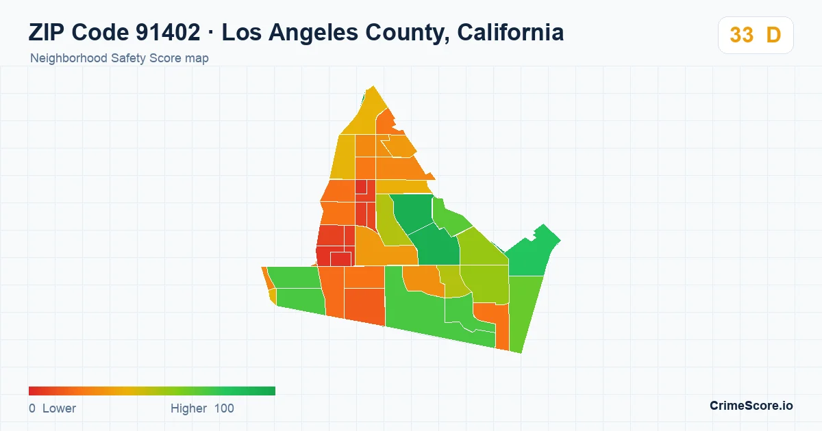 ZIP Code 91402 in Los Angeles County, California neighborhood Safety Score map