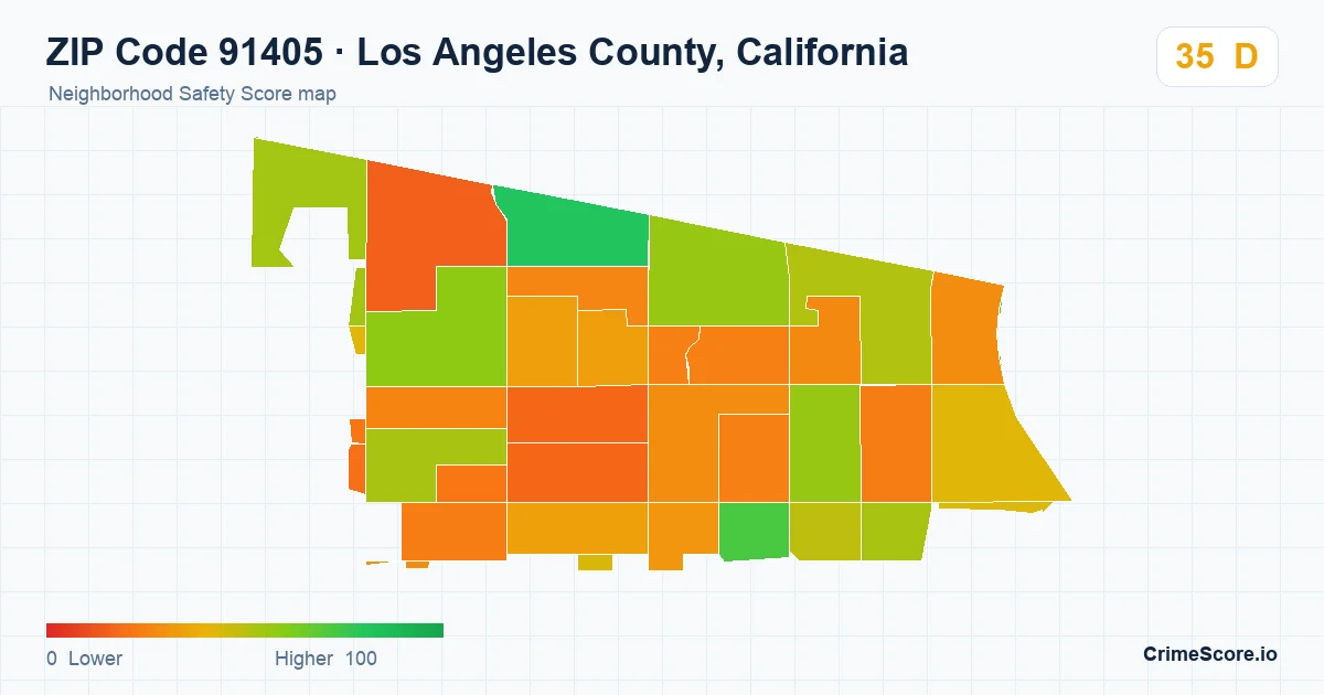 ZIP Code 91405 in Los Angeles County, California neighborhood Safety Score map