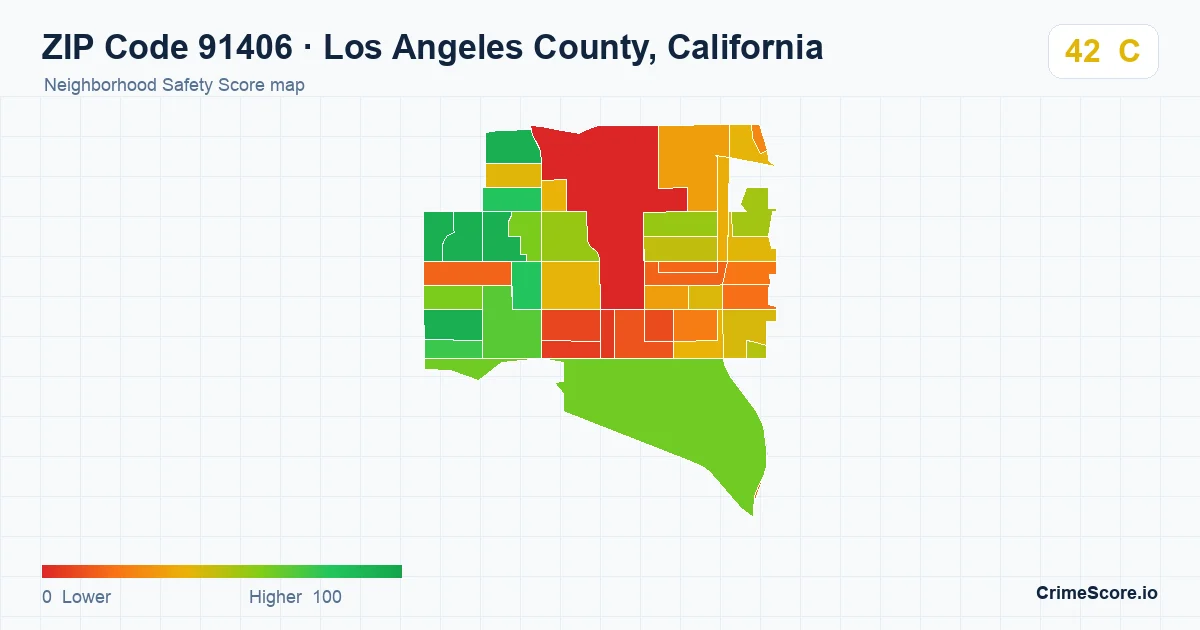 ZIP Code 91406 in Los Angeles County, California neighborhood Safety Score map