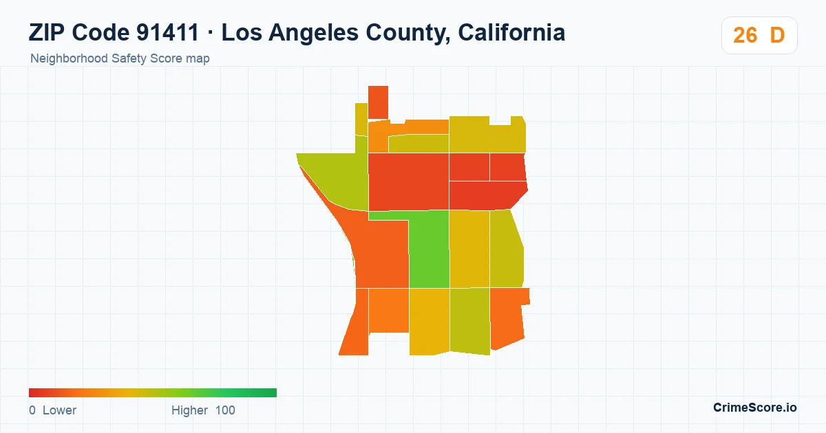 ZIP Code 91411 in Los Angeles County, California neighborhood Safety Score map