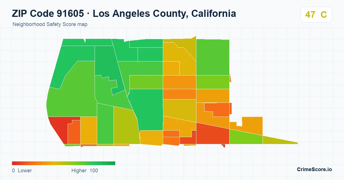 ZIP Code 91605 in Los Angeles County, California neighborhood Safety Score map