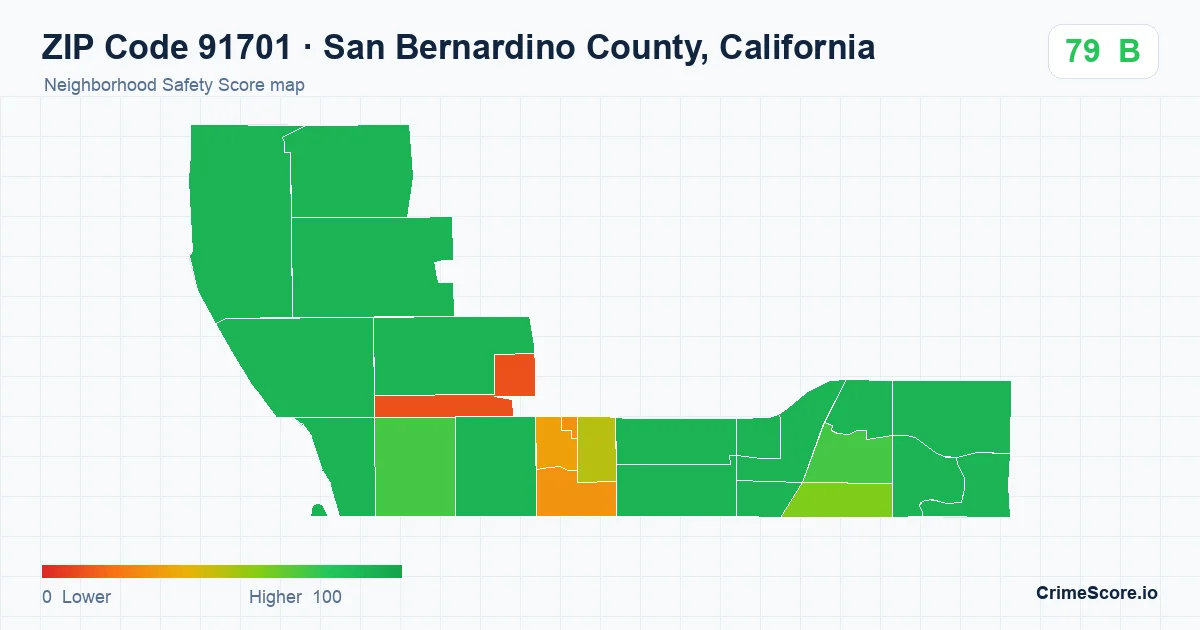 ZIP Code 91701 in San Bernardino County, California neighborhood Safety Score map
