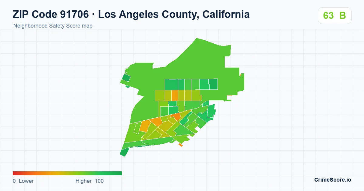 ZIP Code 91706 in Los Angeles County, California neighborhood Safety Score map