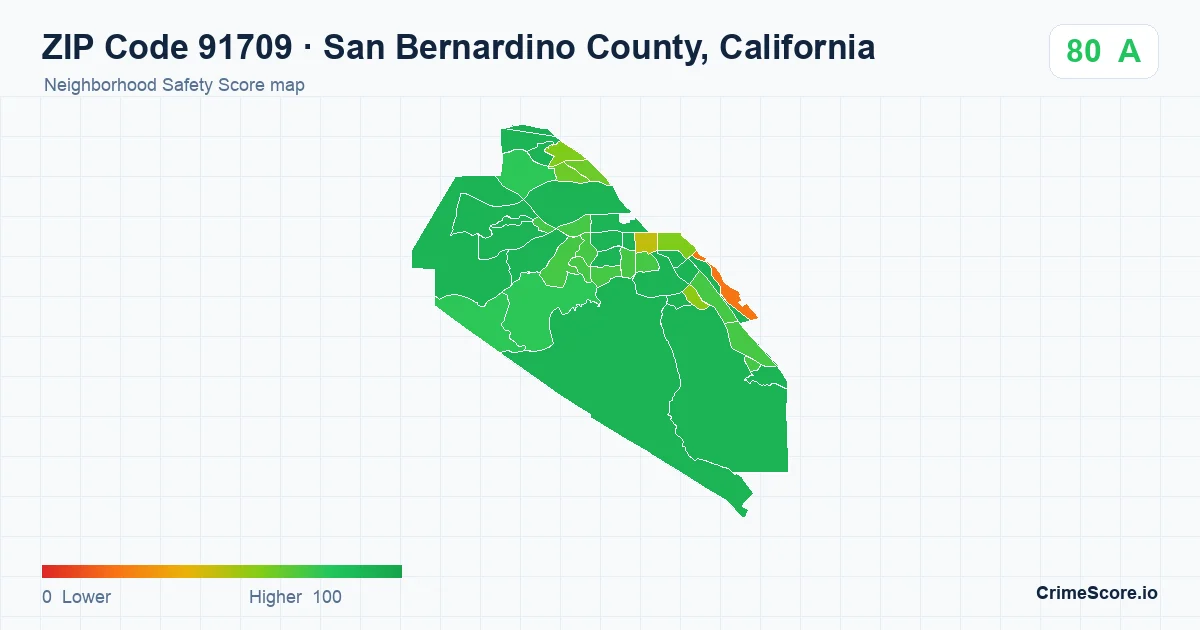 ZIP Code 91709 in San Bernardino County, California neighborhood Safety Score map