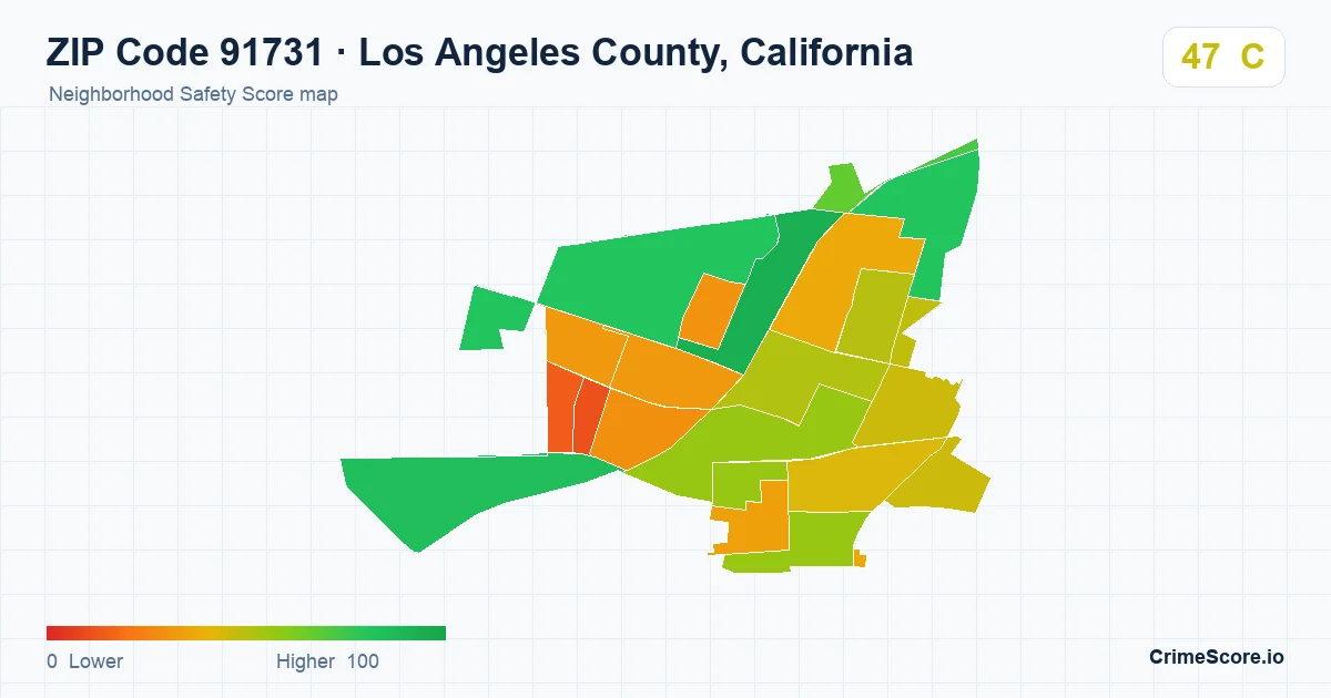 ZIP Code 91731 in Los Angeles County, California neighborhood Safety Score map
