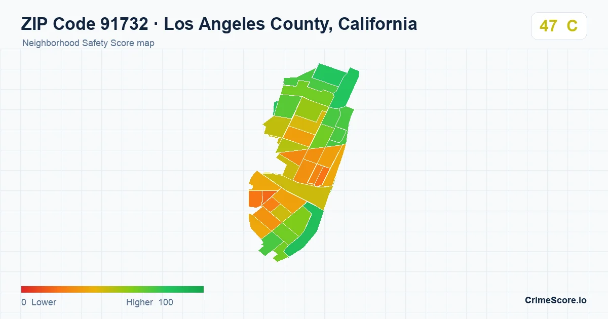 ZIP Code 91732 in Los Angeles County, California neighborhood Safety Score map