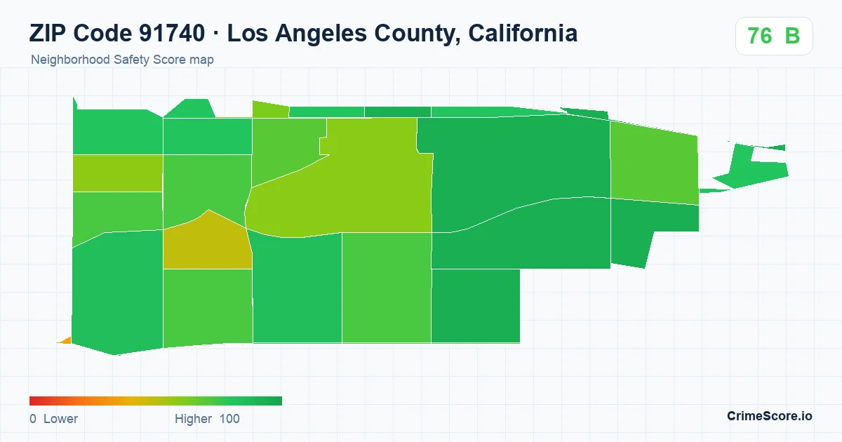 ZIP Code 91740 in Los Angeles County, California neighborhood Safety Score map