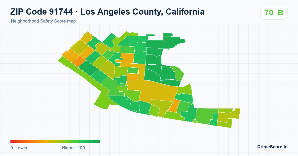 ZIP Code 91744 in Los Angeles County, California neighborhood Safety Score map