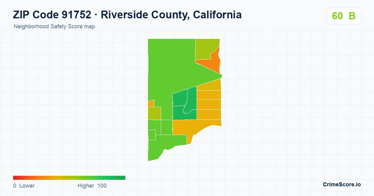 ZIP Code 91752 in Riverside County, California neighborhood Safety Score map