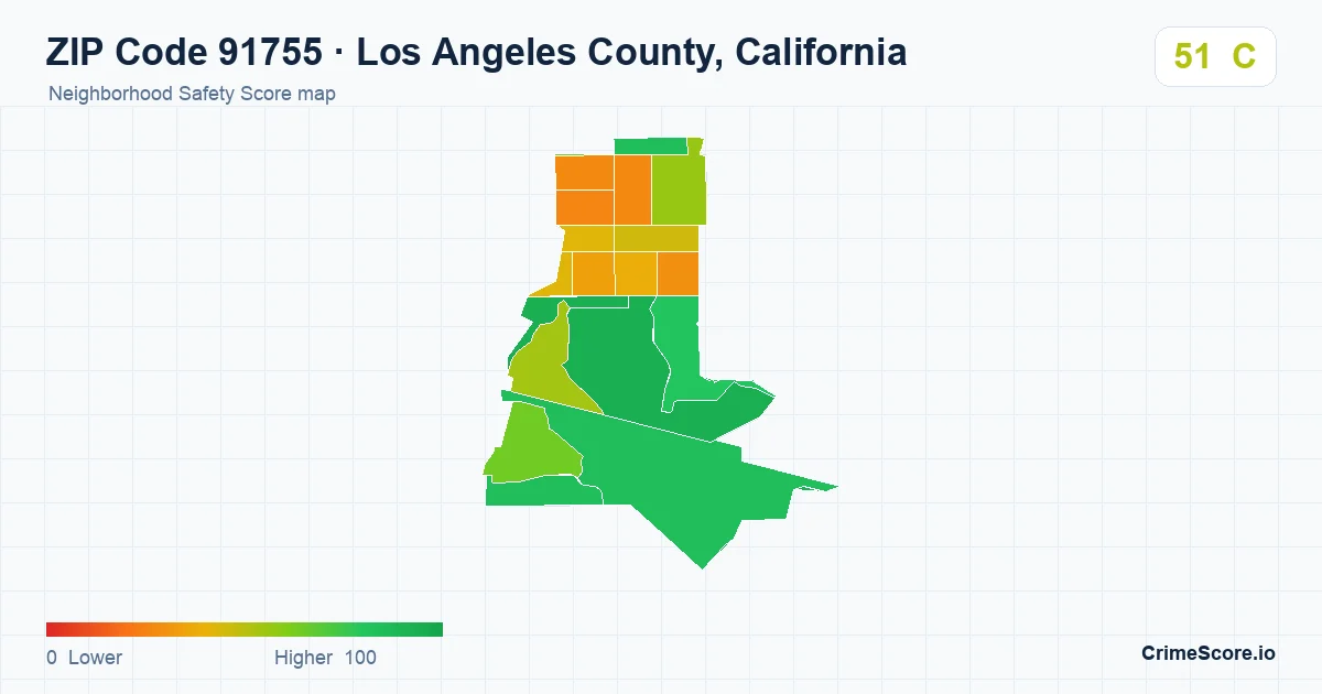 ZIP Code 91755 in Los Angeles County, California neighborhood Safety Score map