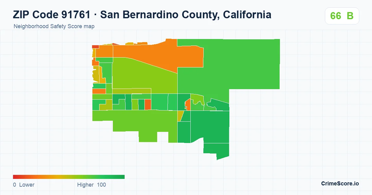 ZIP Code 91761 in San Bernardino County, California neighborhood Safety Score map