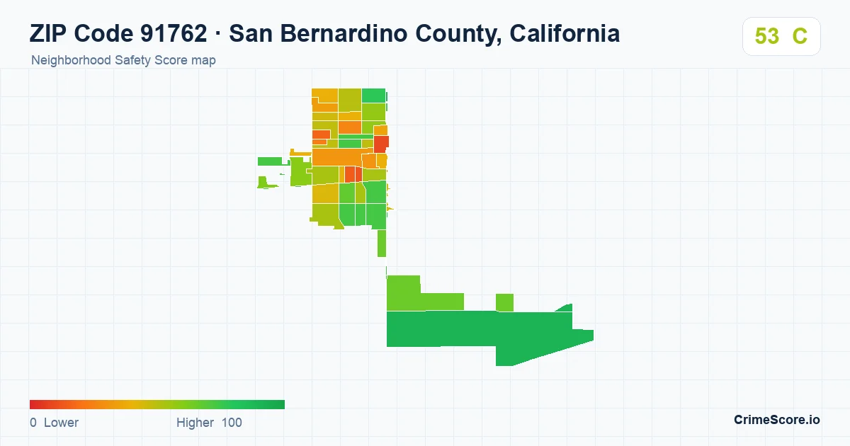 ZIP Code 91762 in San Bernardino County, California neighborhood Safety Score map