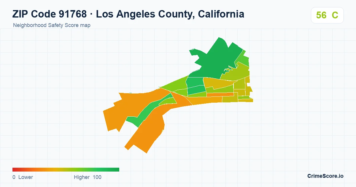 ZIP Code 91768 in Los Angeles County, California neighborhood Safety Score map